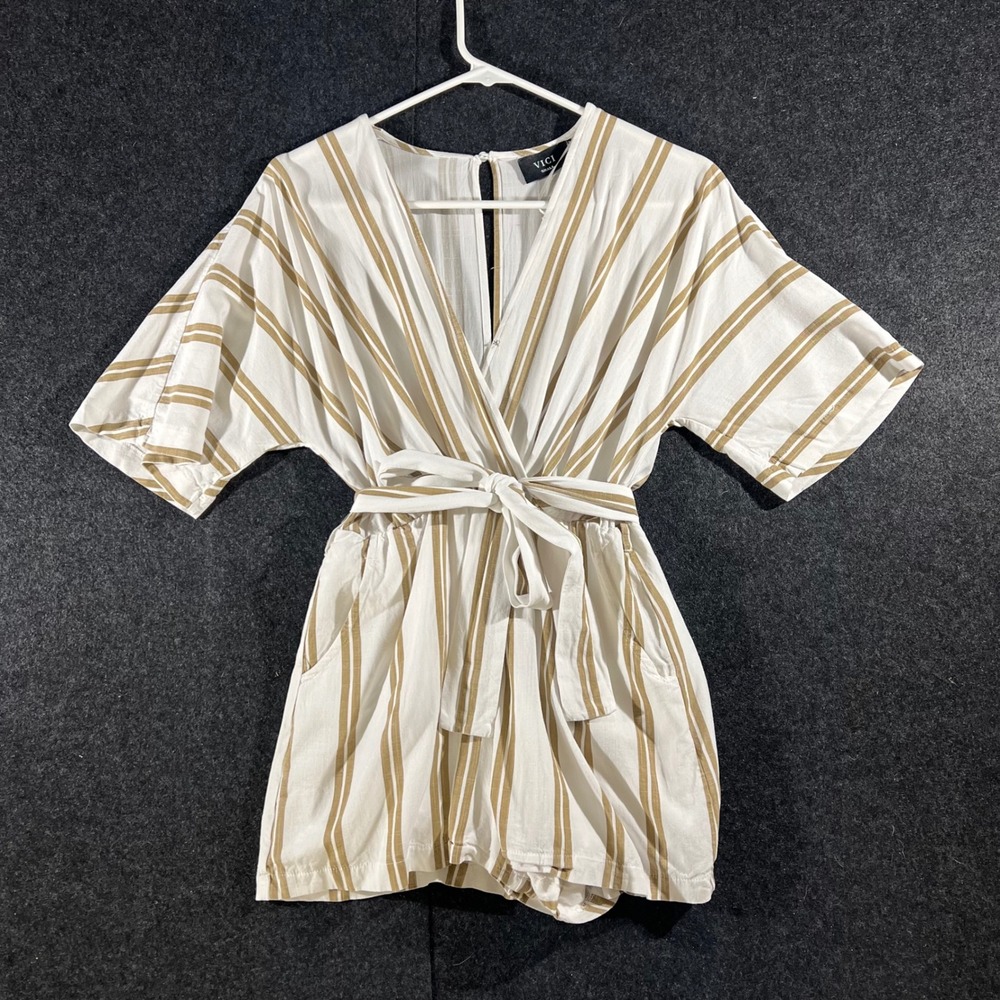 VICI Romper Womens Small White Tan Striped Tie Waist Surplice Neck Boho Summer
